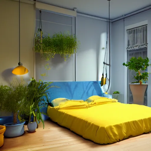 Prompt: a yellow moon shaped bed in a blue room, with plants in the windows of the room, 8 k, trending on artstation, hdr