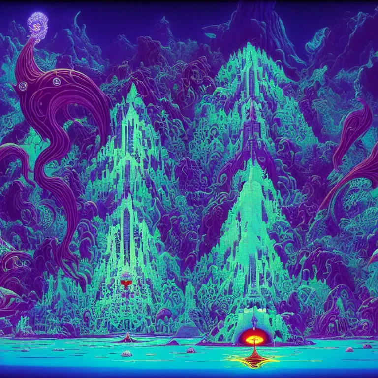 Image similar to mysterious diamond temple overlooking haunted seething ocean, infinite crashing waves, astronomical synthwave, bright neon psychedelic colors, highly detailed, cinematic, eyvind earle, tim white, philippe druillet, roger dean, ernst haeckel, lisa frank, aubrey beardsley, kubrick, kimura, isono