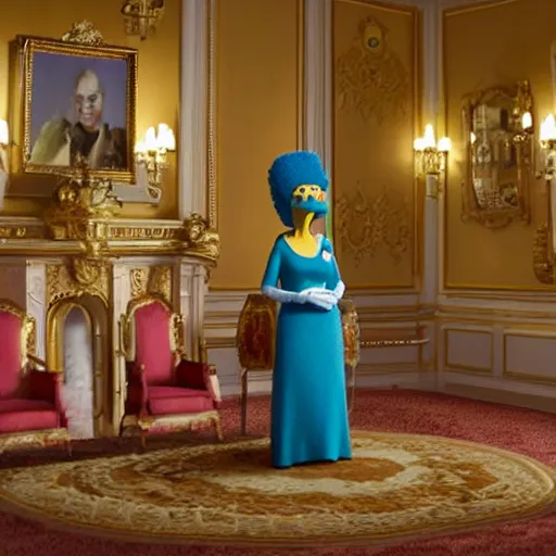 Image similar to movie still of marge simpson as the queen of england