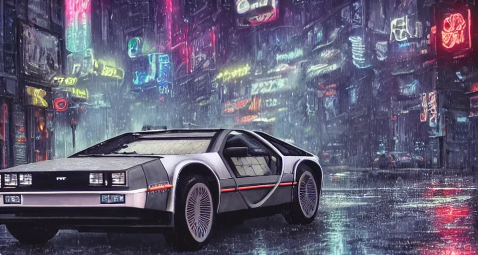 Image similar to a 2 8 mm closeup photo of a tela tron neon delorean back to the future car on wet city street at night, intricate, hyper detailed, smooth, high contrast, neon, volumetric lighting, octane, moebius, greg rutkowski, blade runner, ripley scott, mad max, cindmatic