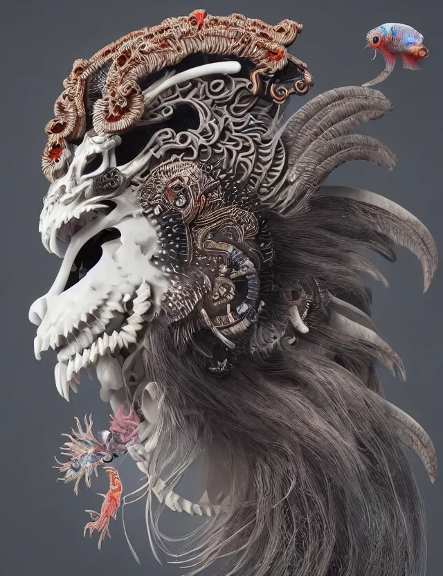 Image similar to 3 d goddess close - up profile portrait ram skull. beautiful intricately detailed japanese crow kitsune mask and clasical japanese kimono. betta fish, jellyfish phoenix, bio luminescent, plasma, ice, water, wind, creature, artwork by tooth wu and wlop and beeple and greg rutkowski