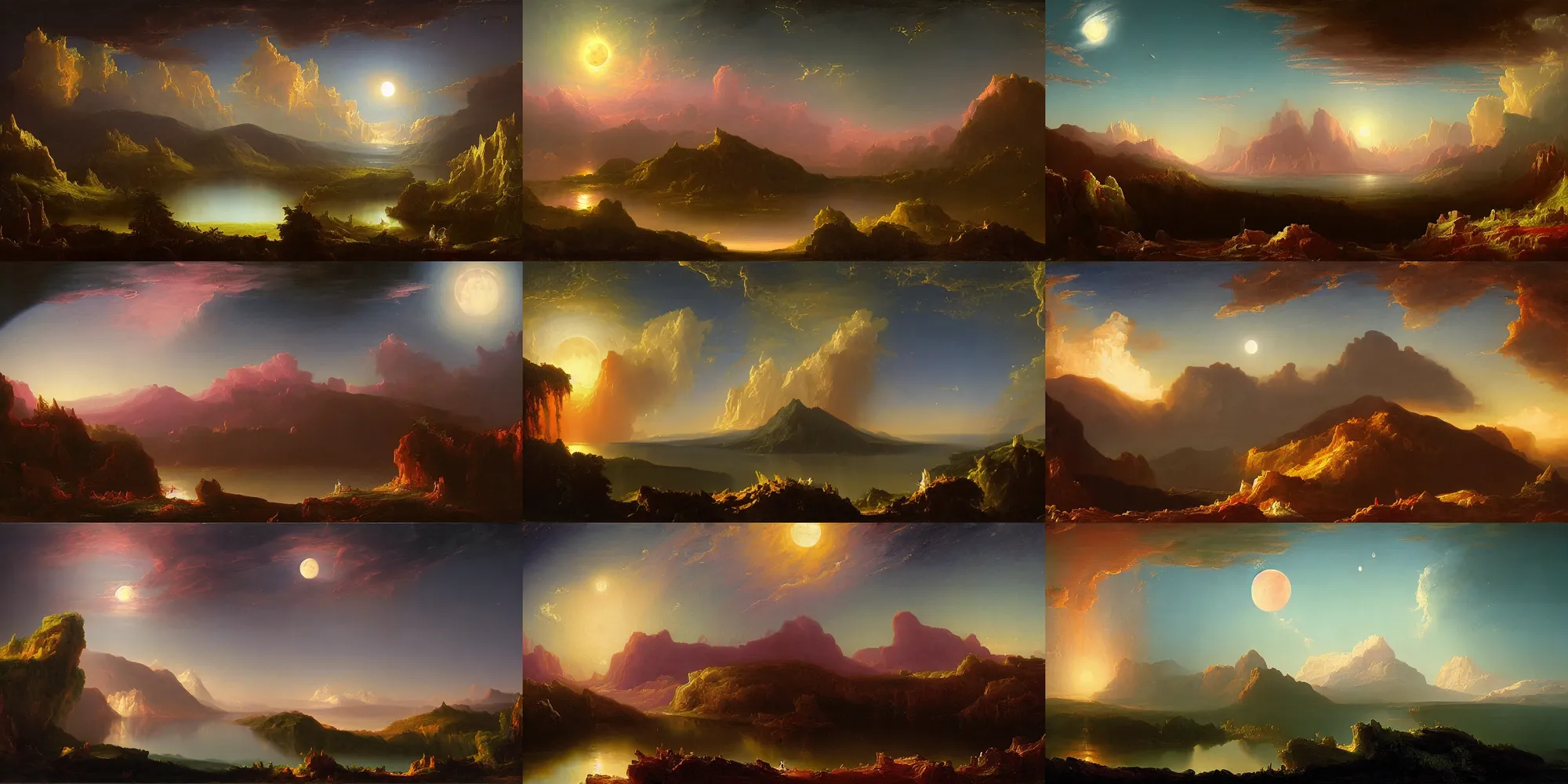 Prompt: A thomas cole painting of a surreal night dream landscape of clouds mountains nebulas forests and lakes, full moon, mars, venus, juputer, saturn, cinematic lighting, detailed oil painting, 8k