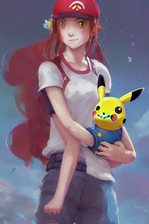 portrait of cute pokemon trainer girl with vibrant red, Stable Diffusion