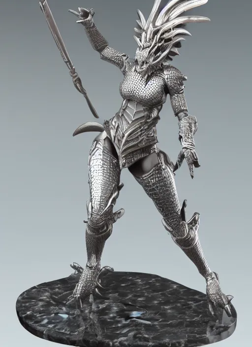 Image similar to 80mm, resin detailed model figure of a female wearing a silver dragon armor