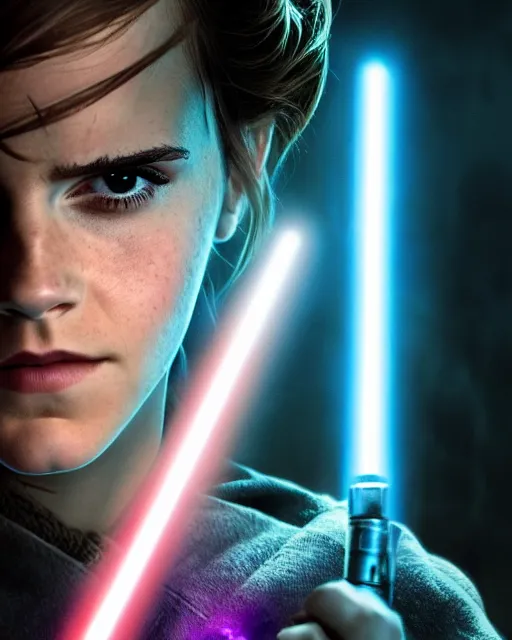 Prompt: emma watson as a jedi with ripped and damaged clothes holding a purple lightsaber in her hands, very dark background, official star wars episode xii movie poster, perfect symmetrical face, moody lighting, 8 k, shallow depth of field, intricate detail,