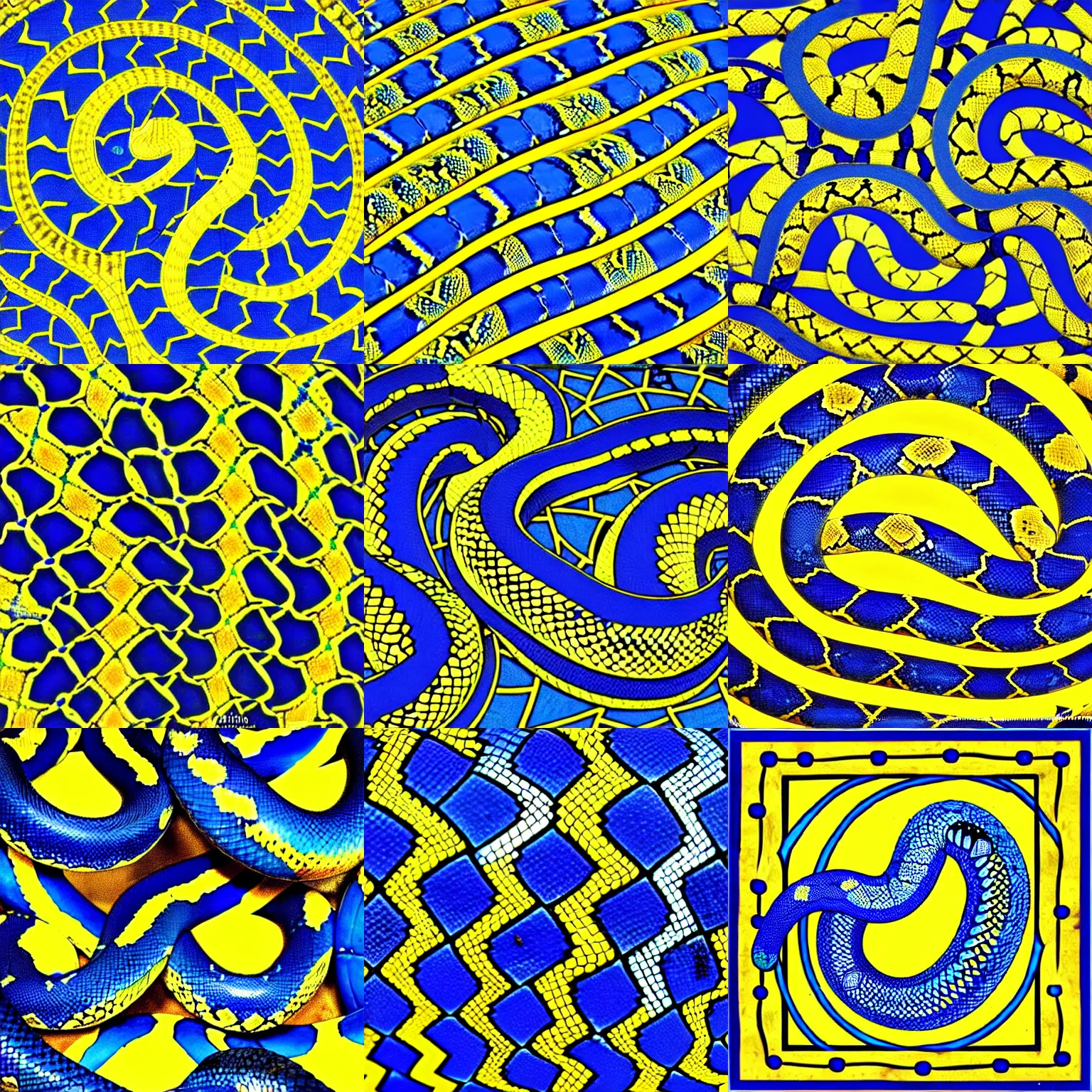Prompt: blue and yellow pythons intwined, python, programming, symmetric,mosaic, Roman, classic, vibrant, intricate, contrast