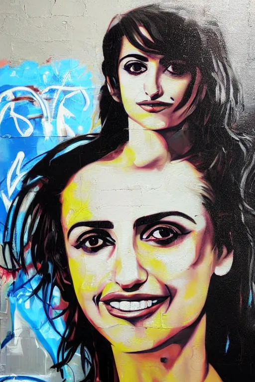 Image similar to oil painting, portrait of penelope cruz, wall with graffiti, splash painting, by bansky