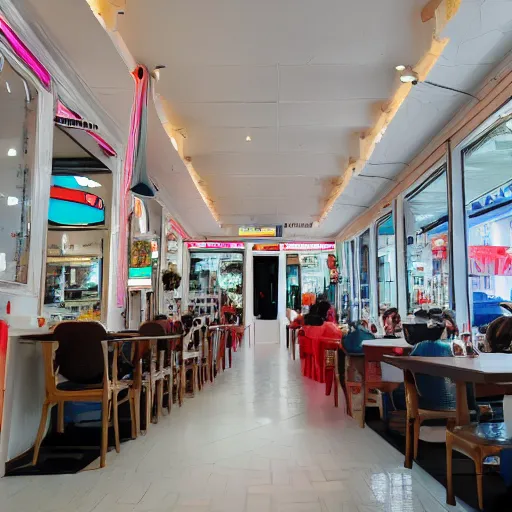 Prompt: photo of a white arcade / cafe interior, 8 0 s art on the tall white walls, wide angle shot 4 k hdr
