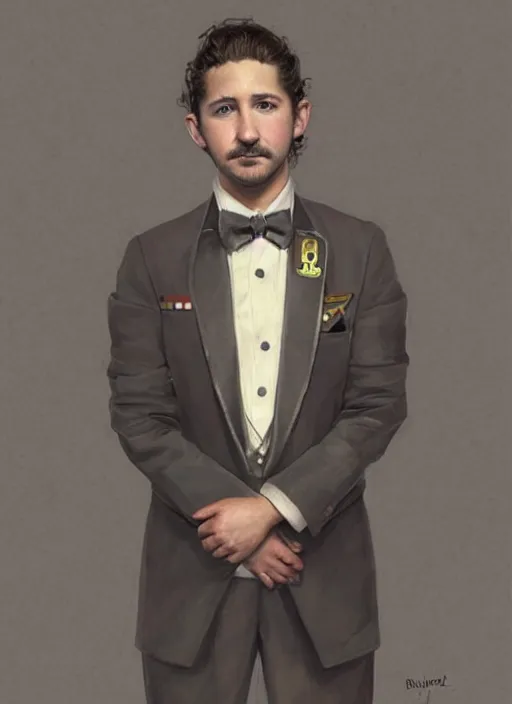 Image similar to a professional painting of Shia LaBeouf as a beautiful young prince, wearing an origami high fashion tuxedo, olive skin, buzzed short dark hair, beautiful bone structure, symmetrical facial features, intricate, elegant, digital painting, concept art, smooth, sharp focus, illustration, from Metal Gear, by Ruan Jia and Mandy Jurgens and Artgerm and William-Adolphe Bouguereau
