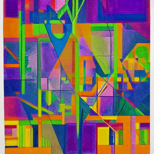 Prompt: by cassius marcellus coolidge, by frantisek kupka felt pieces, electric indigo. installation art. a colorful abstract composition. it is made up of geometric shapes & lines in various colors. the shapes appear to be floating in space & the colors are very bright & vibrant.