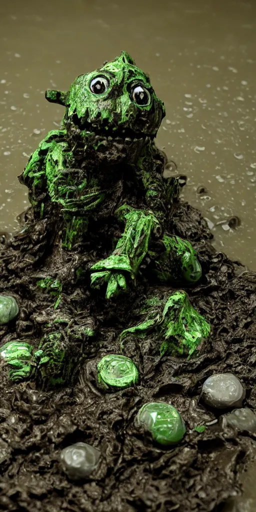 Image similar to bootleg figure of a plastic green acid hedorah diorama drowning in the mud water, secondhand, rain stormcloud, mcfarlane, cursed photography, middle shot