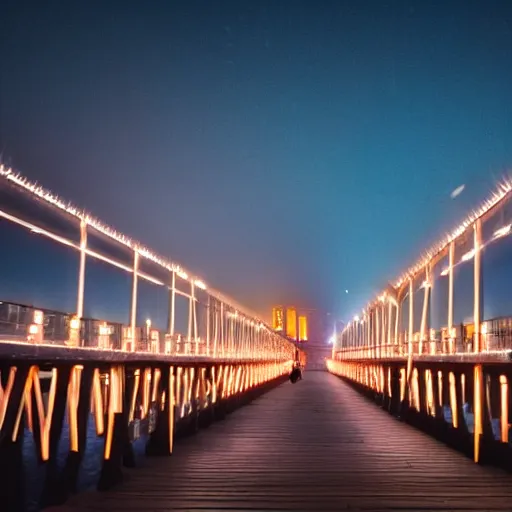 Prompt: a blurry photo of a a pier with lights during the blue hour, a tilt shift photo by ian spriggs, featured on flickr, modular constructivism, long exposure, multiple exposure, soft mist