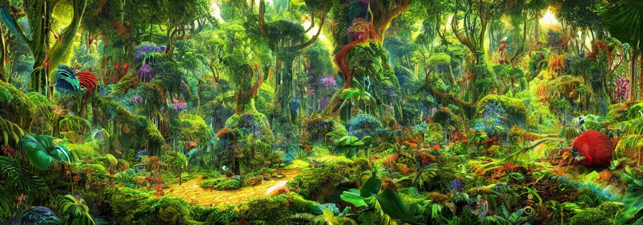 Prompt: lush rainforest in wonderland dmt tripping, sacred geometry details, by jean giraud, coherent, psychedelic, hyper realism, high detail, vivid colors, octane render, unreal engine, 8 k, smooth gradients, high contrast, depth of field by jacek yerka