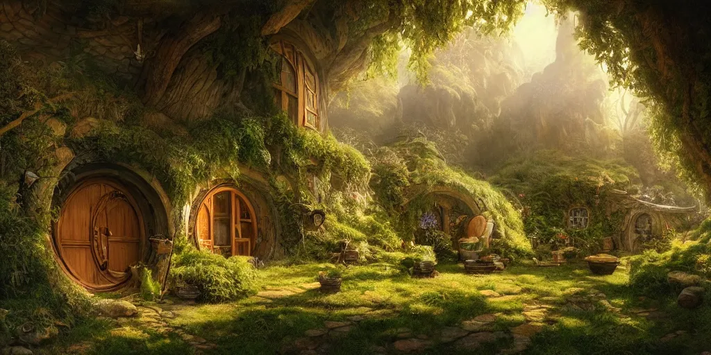 Image similar to Interior of a Hobbit home, golden hour, detailed matte painting, cinematic, Alan Lee, Artstation