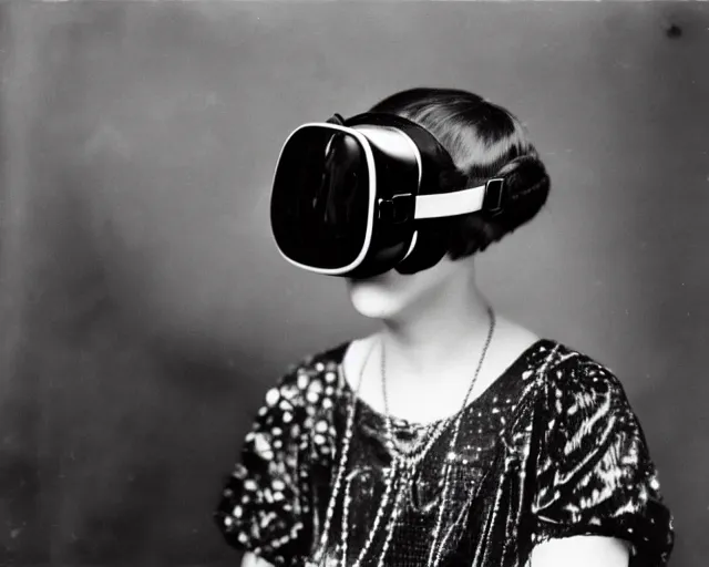 Image similar to 1 9 2 0 s photo of a flapper girl wearing a vr virtual reality headset