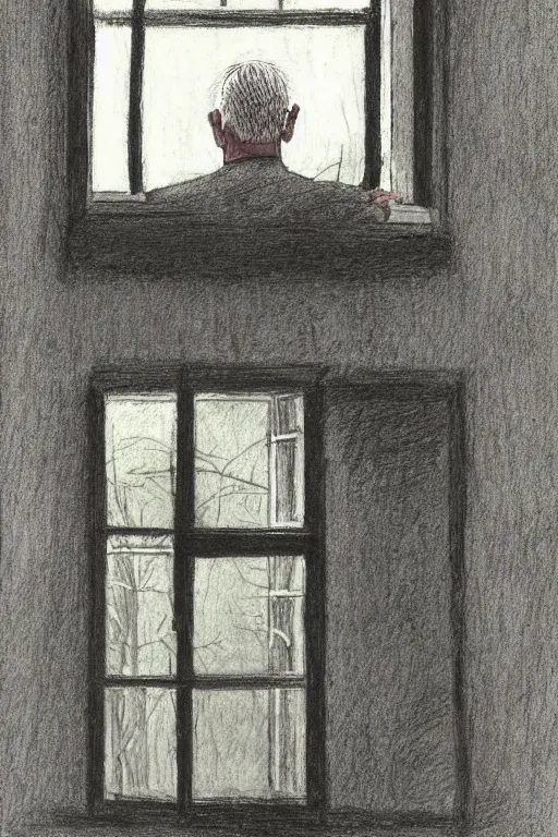 Image similar to an older man looking out the window by raymond briggs, very coherent and colorful high contrast, pencil drawing, sad lighting, somber mood