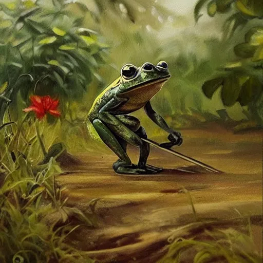 Image similar to a beautiful painting of singular frog digging a garden with a shovel, trending on artstation