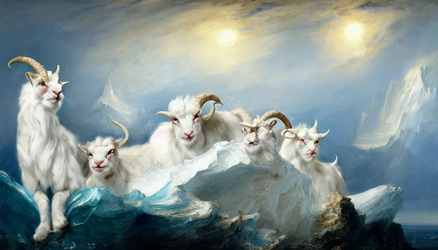 Image similar to highly detailed painting of white giant chimera goat cats with large feathered wings on a blue and white iceberg by william turner, by greg rutkowski, by william constable, thick brush strokes and visible paint layers, 4 k resolution