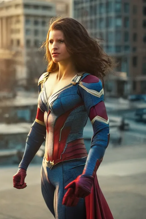 Image similar to VFX movie still frame portrait beautiful DC vs. Marvel hero woman natural skin, hero pose, natural evening light in the city by Emmanuel Lubezki