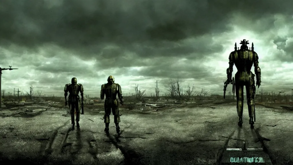 Image similar to fallout 3, film still from the movie directed by Denis Villeneuve with art direction by Salvador Dalí, wide lens