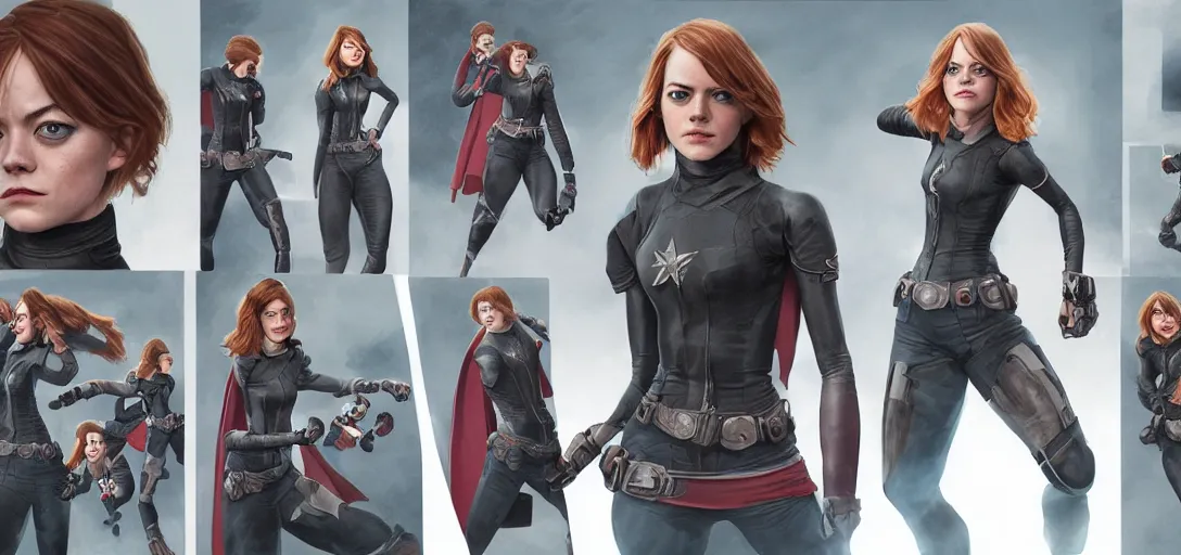 Prompt: character sheet concept art of emma stone as emma watson as a superhero, realistic, hyperrealistic, photographic, costume, wlop, dan mumford, greg rutkowski, high detail, octane render, alexander mcqueen, james gurney, james jean, mucha, photo, 8 k, intricate