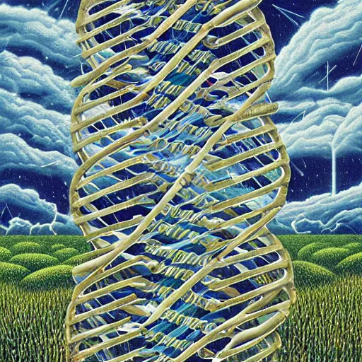 Image similar to in a field, two scientists in lab coats encounter a monster shaped like the DNA double helix, stormy weather, by Rob Gonsalves