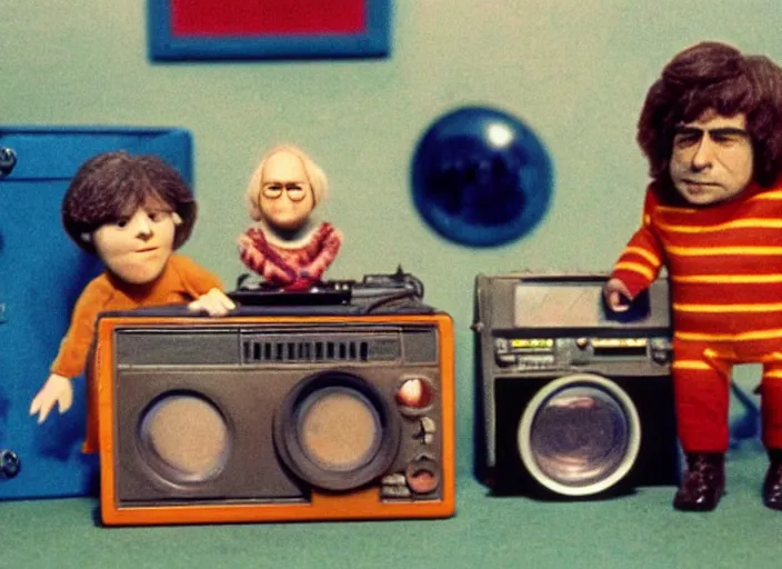 Prompt: a scene from a 1 9 7 0 s british kids tv programme by the bbc and oliver postgate, stop motion animation, peter dinklage, vhs distortion, cathode ray tube distortion, folk horror, hauntology