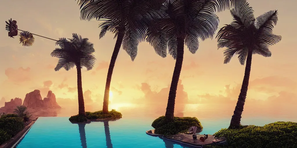 Prompt: artgem and Beeple masterpiece, hyperrealistic surrealism, sunset, award winning masterpiece with incredible details, epic stunning, infinity pool, a surreal liminal space, highly detailed, trending on ArtStation, calming, meditative, pink arches, palm trees, surreal, sharp details, dreamscape, giant gold head statue ruins, crystal clear water