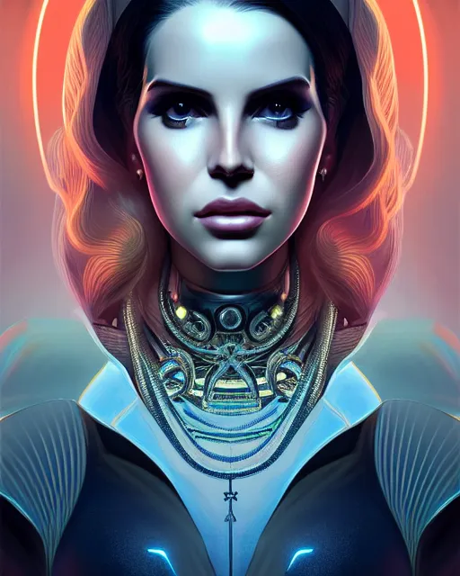 Prompt: symmetry portrait of lana del rey cyborg, glam, deco, glowing intricate, elegant, highly detailed, digital painting, artstation, concept art, smooth, sharp focus, illustration, art by artgerm and greg rutkowski and fra angelico and unreal engine 5