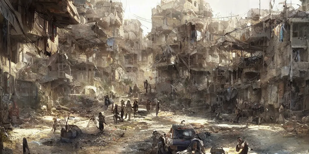 Image similar to hyper realistic, beautiful syrian slums village, concept art, for modern warfare, painted by greg rutkowski, highly detailed,