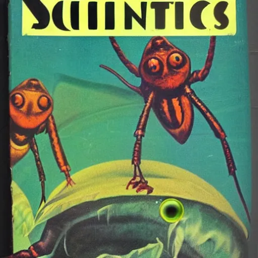 Image similar to cover of pulp science fiction magazine from 1950s showing attack of bug eyed monsters