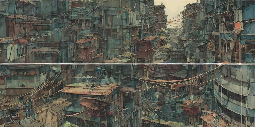 Prompt: a film still from Tekkonkinkreet by Ian McQue , close-up of detailed balcony with washing line and clothing, table and chairs with a soda can beside a radio, dusty favela city street below, intimate, bits of broken light, hazy atmosphere, vibrant, 50mm lens, video game character and environment design, 2d game lineart behance hd, studio, dramatic lighting, cinematic, global illumination, trending on Artstation, bloom