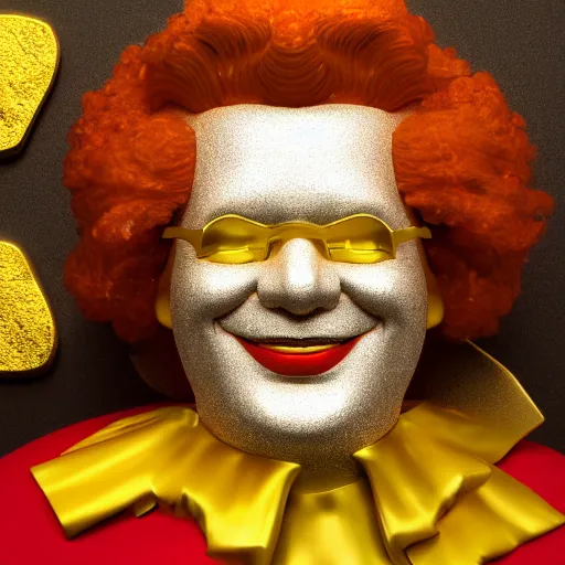 Image similar to a still of ronald mcdonald surrounded by gold and diamonds, award - winning, photograph, 3 d render, unreal engine, 4 k detailed