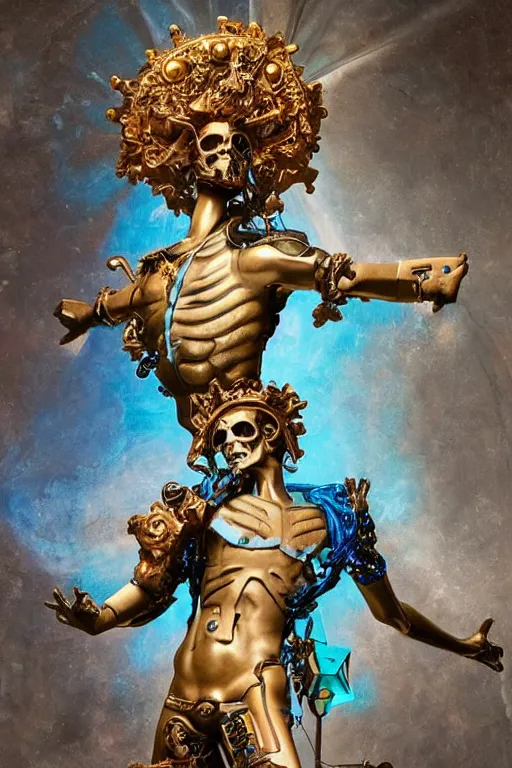 Image similar to a young handsome Spanish metal android with a large glowing blue lit crystal in the center of his chest, full-body bronze cyberpunk style statue of Icarus with glowing blue eyes, crown of mechanical peach roses, flowing teal-colored silk, fabric, steampunk flowers. baroque elements, human skull. full-length view. baroque element. intricate artwork by caravaggio. many flying horses on background. Trending on artstation, octane render, cinematic lighting from the right, hyper realism, octane render, 8k, depth of field, 3D