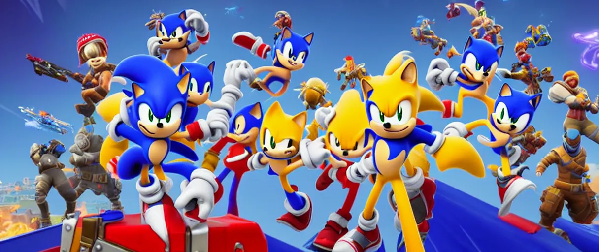 Image similar to sonic in fortnite announcement advertising