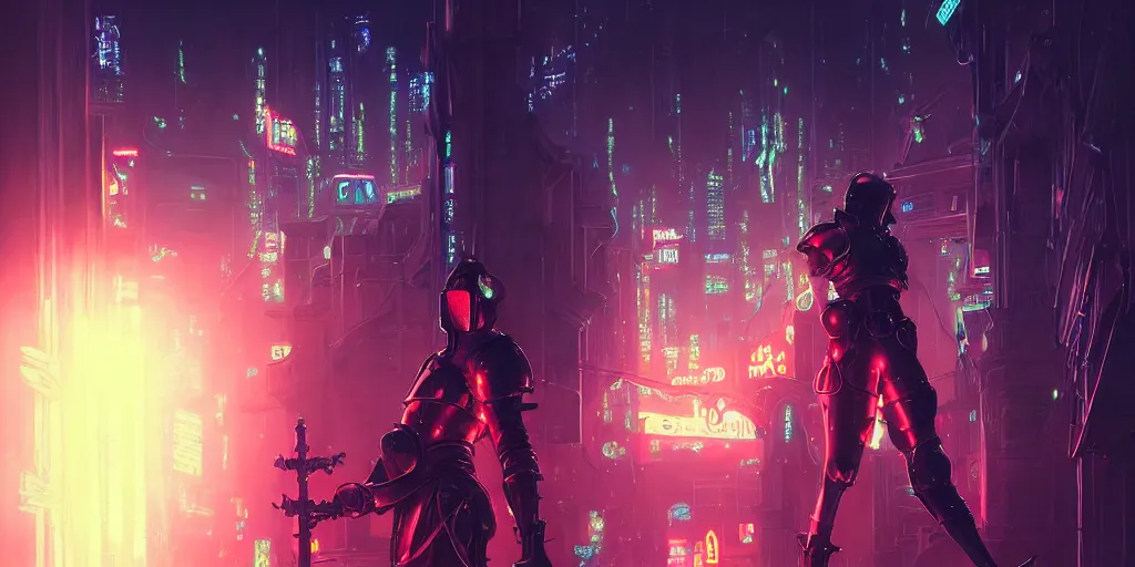 Image similar to medieval knight standing in a neon lit futuristic city, wlop, ilya kuvshinov, artgerm, krenz cushart, greg rutkowski, hiroaki samura, range murata, james jean, katsuhiro otomo, erik jones, serov, surikov, vasnetsov, repin, kramskoi