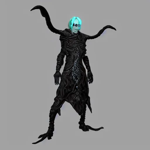 Image similar to photo of a cenobite lich illithid drow dark elf sorceror necromancer leather rendered in zbrush