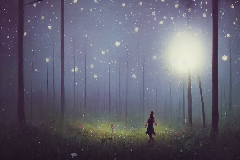 Image similar to giant daisy flower head, girl walking in a moonlit forest, hills, surreal photography, dark night, star trails, dramatic light, impressionist painting, clouds, digital painting, artstation, simon stalenhag