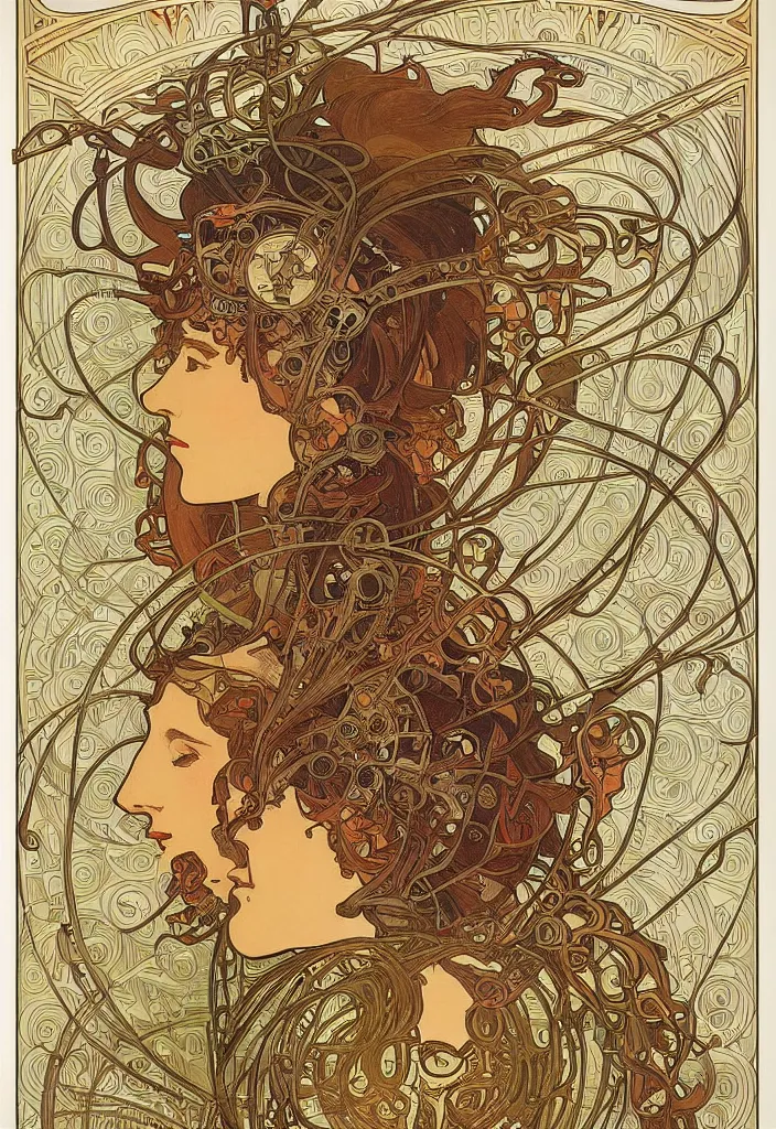 Prompt: intricate poster art by alphonse mucha and emek, a large robot head in the middle with hundreds of wires plugged into it's face, digital art, poster frame, concert poster