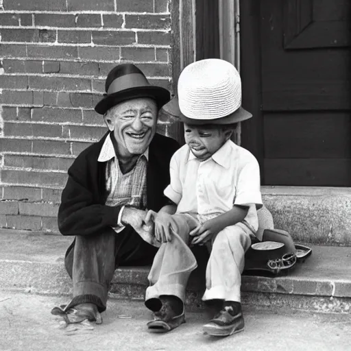 Image similar to An old man wearing a straw hat sitting on the stoop smiling at a happy four year old boy who sits next to him. 1950s, Americana, vintage, black and white, Ian Berry.