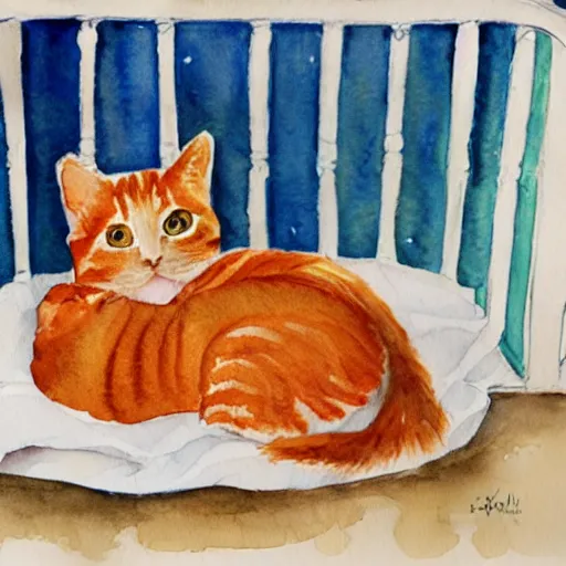 Prompt: A little baby and orange tabby cat cuddling asleep in a crib, watercolor painting.