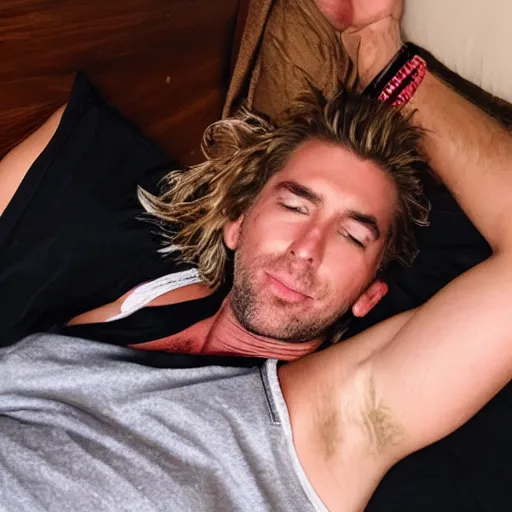 Prompt: chad kroeger snapchat selfie laying in bed with a black tanktop