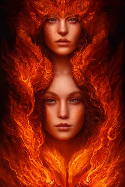 Image similar to majestic and regal portrait of a beautiful young female fire cat girl!, intricate, epic, elegant, menacing, fantasy, highly detailed, digital painting, hard focus, beautiful volumetric lighting, epic light, ultra detailed, souls, smoke, by leesha hannigan, ross tran, thierry doizon, kai carpenter, ignacio fernandez rios