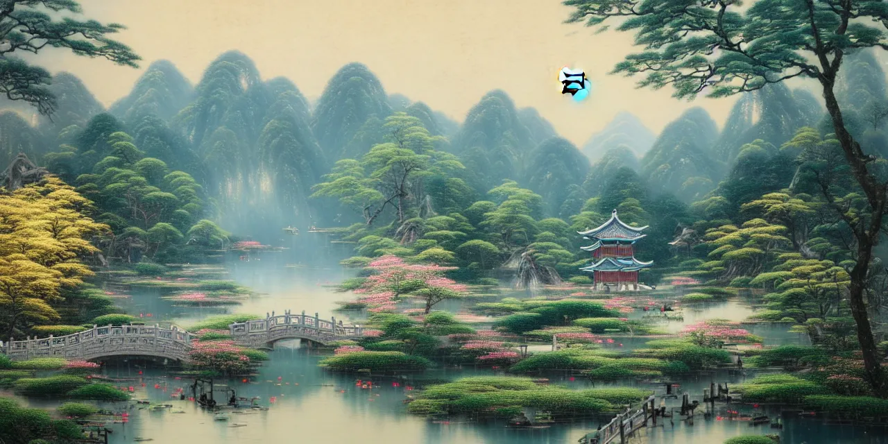 Prompt: a realistically rendered chinese style painting, 8 k, light effect, three - dimensional, trending on artstation, by thomas kinkade, yuumei, victo ngai, lars van de goor, horizontal line composition, lake, many lotus leaves, water surface, lake pavilion, distant mountains, white sun, blue sky, lotus