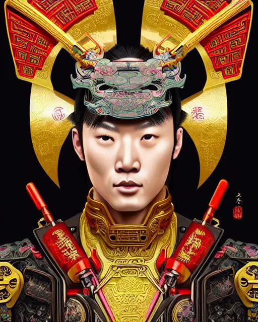 Image similar to portrait of a chinese masculine male cyberpunk machine, machine face, upper half portrait, decorated with chinese opera motifs, muscular, asian, fine china, wuxia, traditional chinese art intricate intense elegant 京 剧 highly detailed symmetry headpiece digital painting artstation concept art smooth sharp focus illustration, art by artgerm and greg rutkowski alphonse mucha 8 k