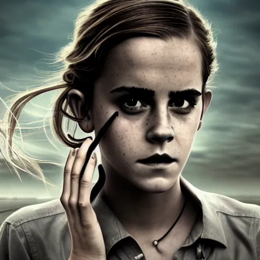 Prompt: a photo of a psychotic Emma watson emerging through smoke in a FEMA emergency camp, extreme terror, frightening, fear, dread, discontent, in the style of Antony gormly and Simon stalenhag and Steve mccurry, photorealistic, 4k, 8k, 16k, highly detailed, very intricate, facing camera, one person only,evil, rule of thirds, insanely detailed and intricate, hypermaximalist, elegant, ornate, hyper realistic, super detailed