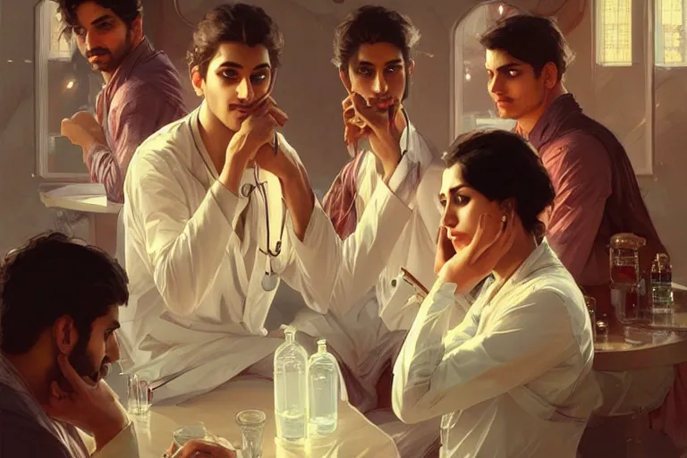 Image similar to Anxious good looking pale young Indian doctors drinking, portrait, elegant, intricate, digital painting, artstation, concept art, smooth, sharp focus, illustration, art by artgerm and greg rutkowski and alphonse mucha