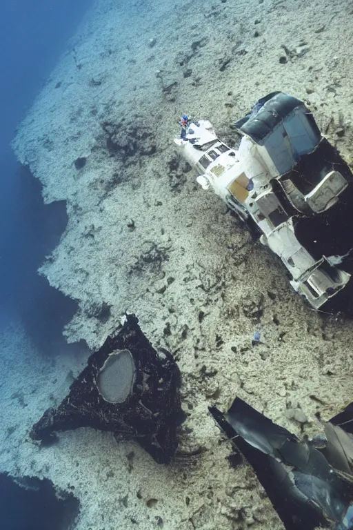 Prompt: a shallow ocean at the bottom of which is a spaceship, behind which is a 300-meter wave, and people in spacesuits are studying the wreckage of another ship, photorealistic