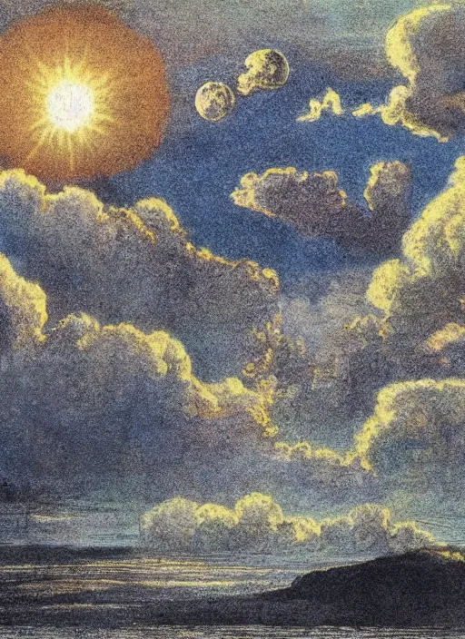 Image similar to sky split in 2, one part is sun, one part is moon, surrounded by light clouds, landscape, illustrated by peggy fortnum and beatrix potter and sir john tenniel