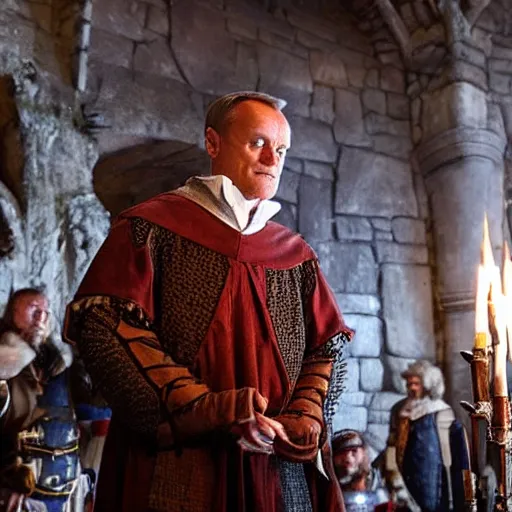 Image similar to donald tusk in medieval times look like merlin high details cinematic mood shooting lighting from wand